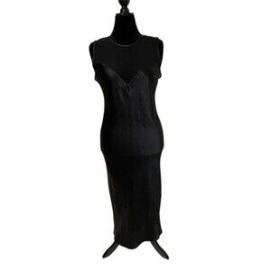 Circa 2000 Black Satin Maxi Nightgown Slip Dress Large 1990s VTG USA